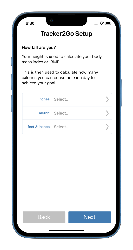 Diet Tracker height entry